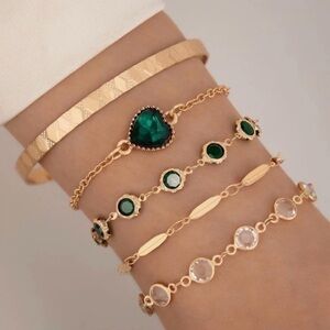 Gold and Emerald Multi-Layer Bracelet Set - Elegant Women's Jewelry